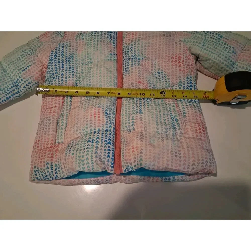 Snozu Girls Puffer Jacket Size 5 Pink Blue Heart Pattern Fleece Lined Hooded...